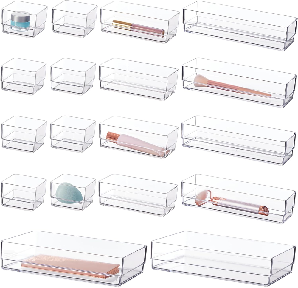 18-Piece Stackable Clear Drawer Organizer Set with Multi-Size Trays for Makeup Jewelry and More