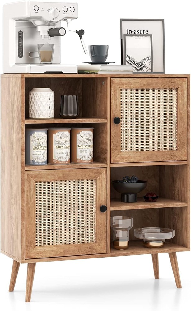 Farmhouse Style Buffet Cabinet, Wood Sideboard Storage Cabinet with 2 Rattan