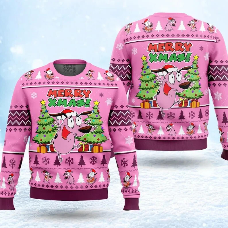 Merry Xmas Courage The Cowardly Dog Ugly Christmas Sweater, Funny Dog Meme