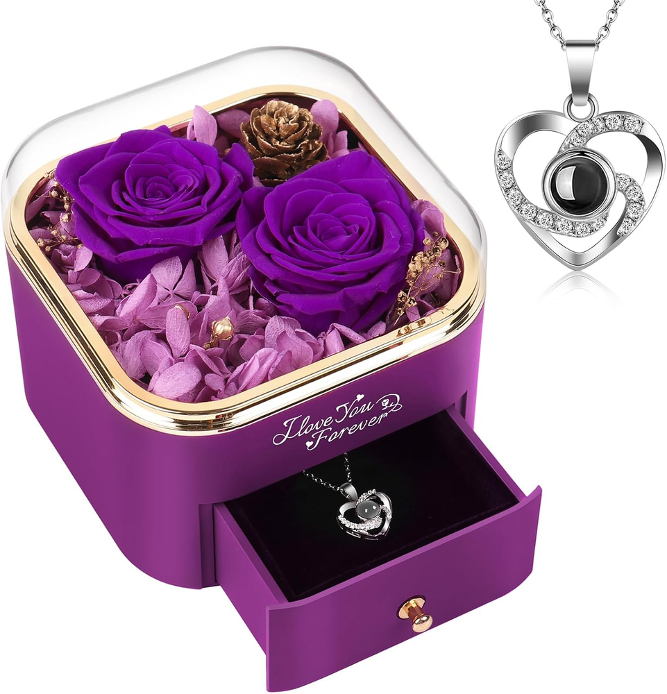 Valentines Day Gift for Her Preserved Real Purple Rose with Heart Necklace -Eter-image