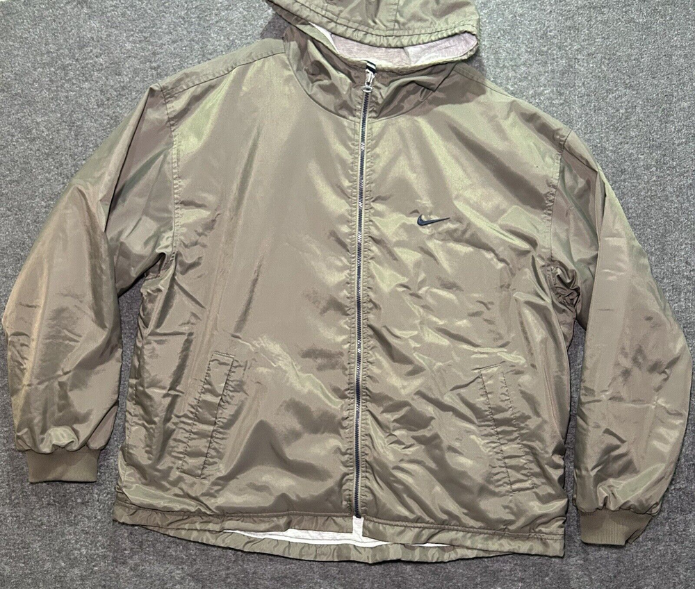 Vintage Nike Jacket Mens L Lined Windbreaker Brown Spell Out Embroidered Hooded