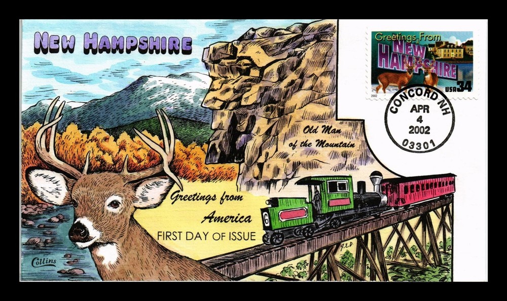 DR JIM STAMPS US COVER GREETINGS FROM NEW HAMPSHIRE FDC COLLINS HAND PAINTED