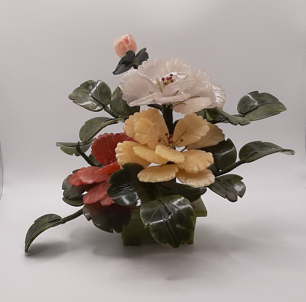 Vintage Asian Bonsai Tree with Carved Jade Leaves and Semi-Precious Stone Flowers 11x8 Inches