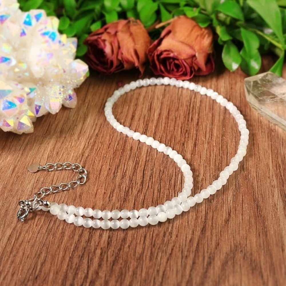 Natural Selenite 4mm Beads Dainty Choker Healing Minimalist Chain Necklace Mom