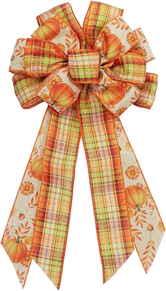 Large Autumn Plaid Bow Wreath with Pumpkin and Leaves