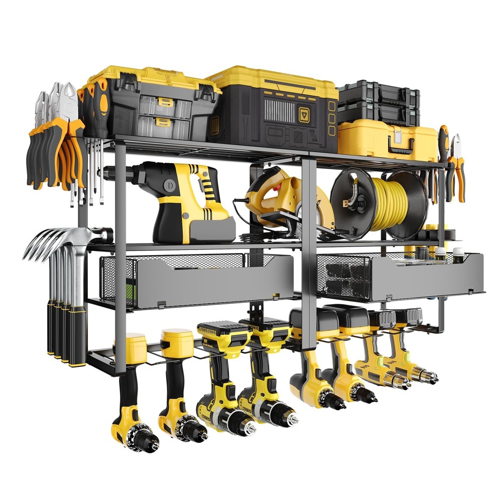 Wall Mount Power Tool Organizer for Garage Storage with 8 Drill Holders
