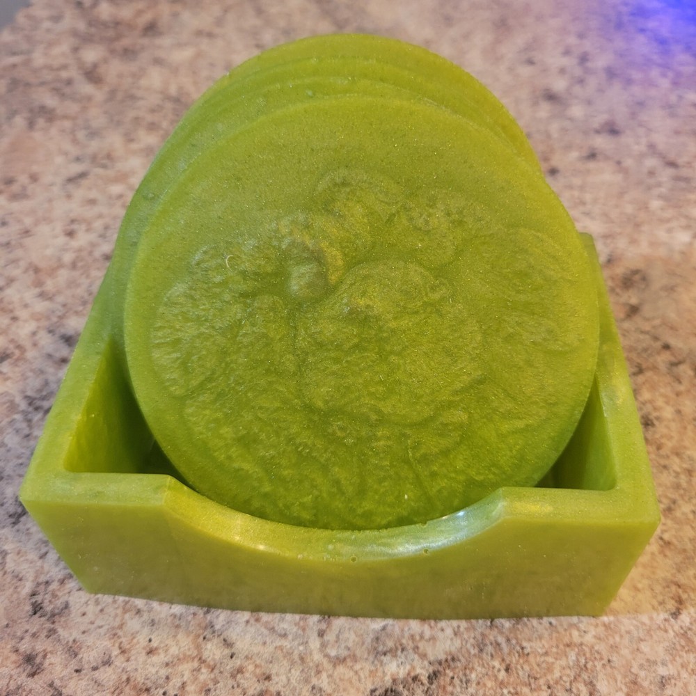 Light Green Resin Coaster Set with Holder - Handmade 4-Piece Coaster Set