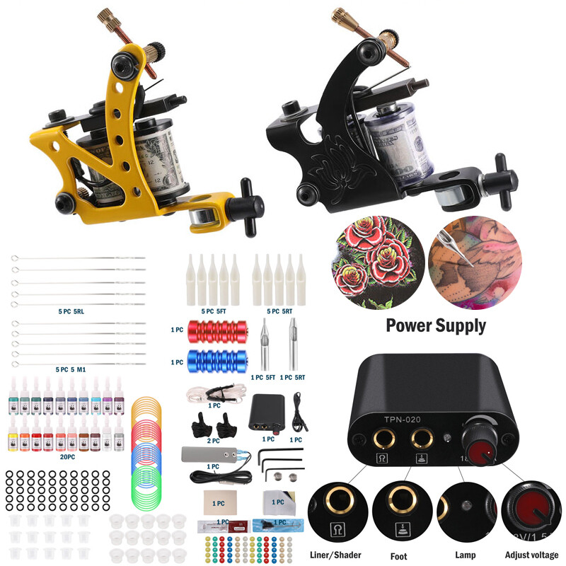 Complete Tattoo Kit 4 Machine Guns 20 Inks Power Supply Foot Pedal Needles