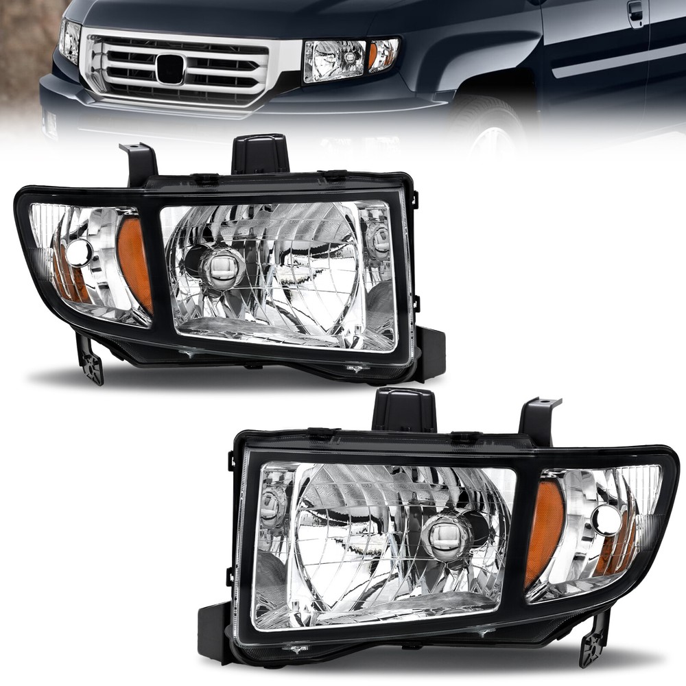 Black Amber Headlight Assembly Set for 2006-2014 Honda Ridgeline Left & Right