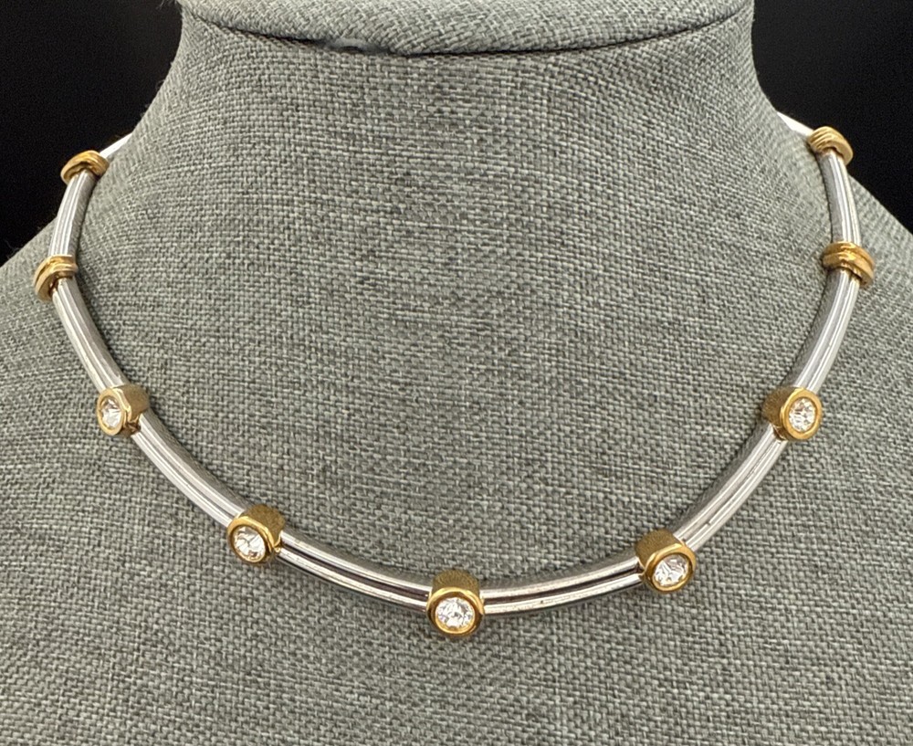 NECKLACE Choker Silver Tone Links Rhinestones Encased In Gold Tone Metal 16”