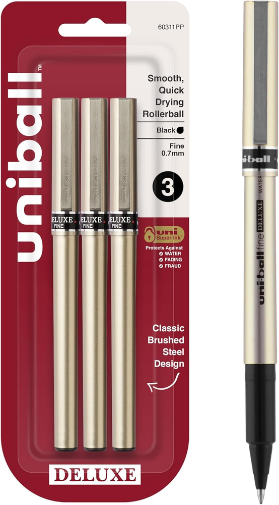 Uniball Deluxe 0.7Mm Fine Point Rollerball Pen, 3 Black - Smooth Writing, Waterp