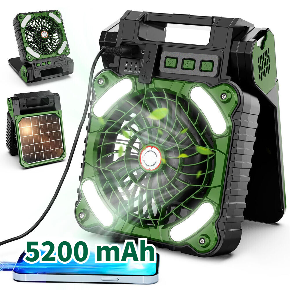 Portable Solar Power Camping Fan USB Recharging Variable Speed W/LED Tent Light