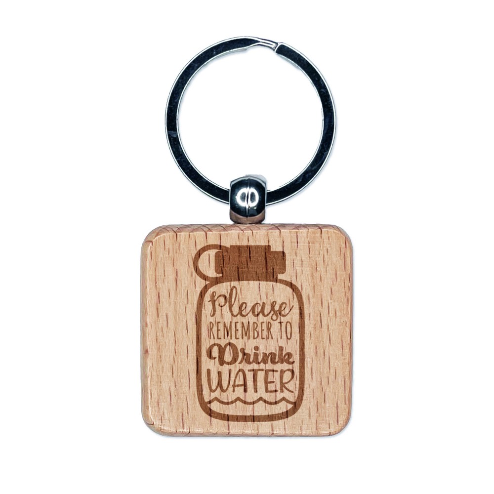 Please Remember to Drink Water Bottle Engraved Wood Square Keychain Tag Charm