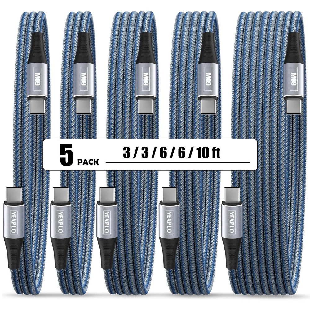VEXPLO USB C to USB C Cable 10ft 6ft 3ft 5-Pack Fast Charging Cord