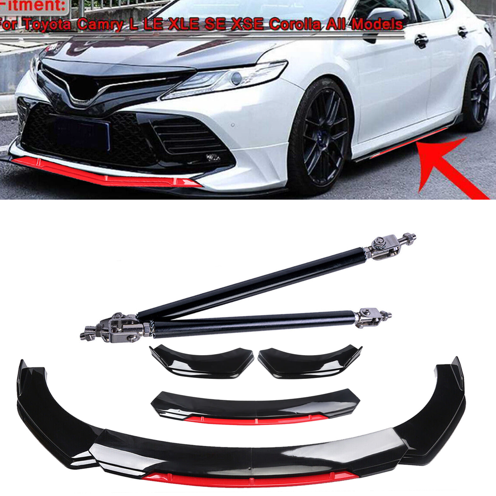 Glossy Black Front Bumper Lip Chin Splitter for 2018-2020 Toyota Camry with Strut Rods
