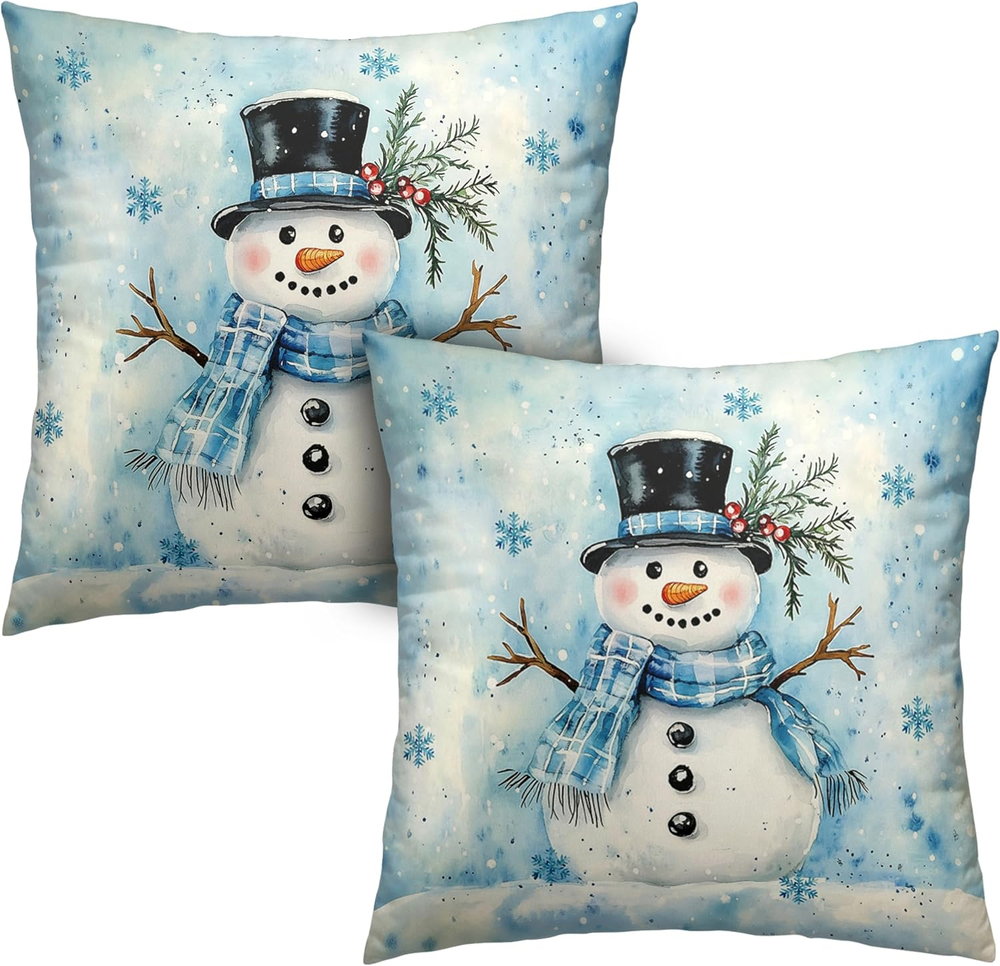Winter Snowman Pillow Covers 18X18 Set of 2 Snowman with Blue Snowflakes Decorat