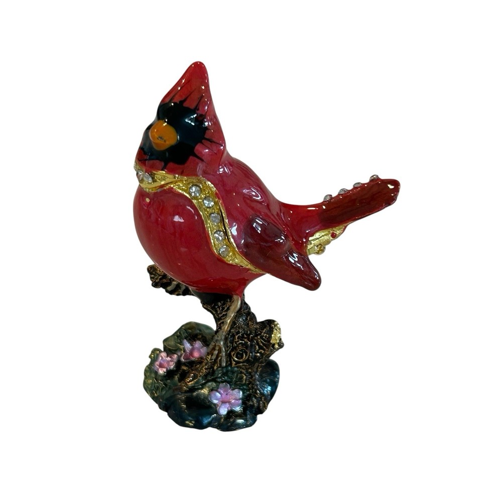 Cardinal Enamel Floral Rhinestone Trinket Box with Magnetic Closure