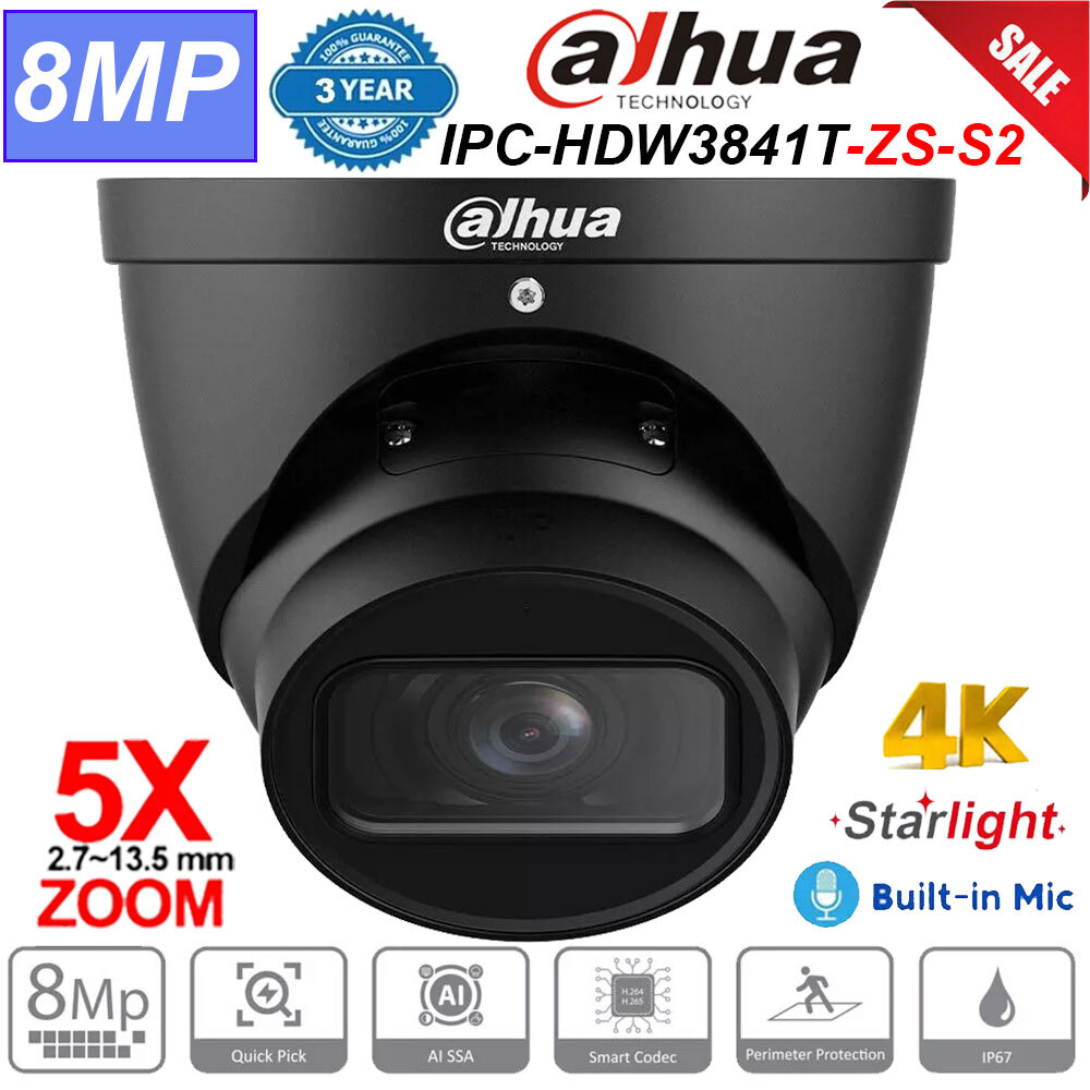BLACK DAHUA 8MP 4K MIC Vari-focal SMD4.0 IPC-HDW3841T-ZS-S2 WizSense IP Camera