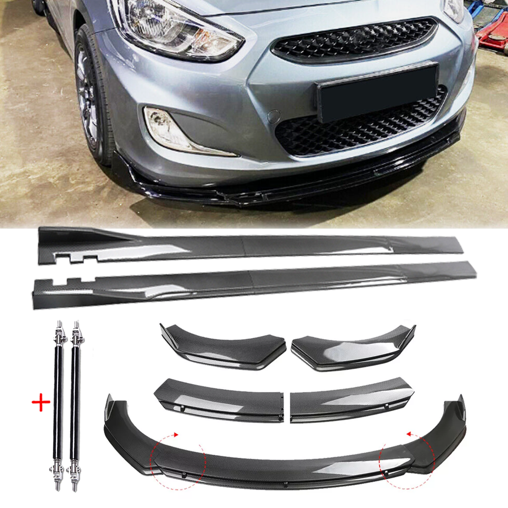 Hyundai Accent Sedan Carbon Fiber Front Lip Bumper Spoiler & Strut Rod  
