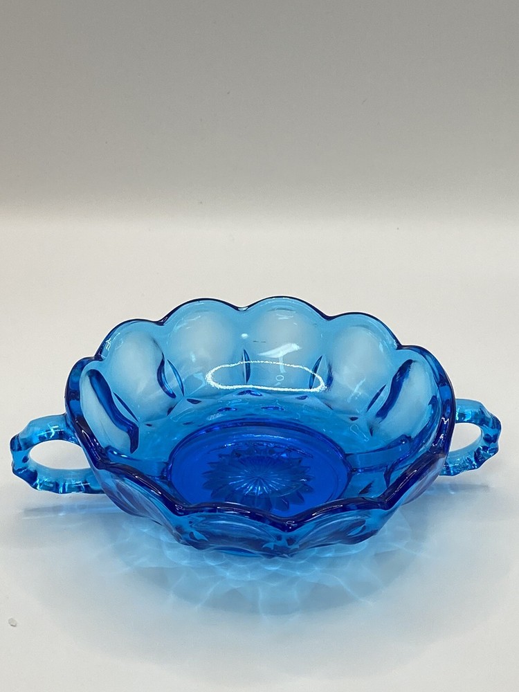 Vintage Anchor Hocking Blue Scalloped Glass Candy Nut Bowl with Two Handles