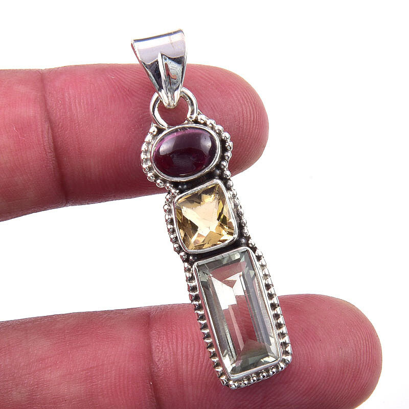 Natural Green Amethyst Citrine 925 Sterling Silver Pendant 1.75 Inches