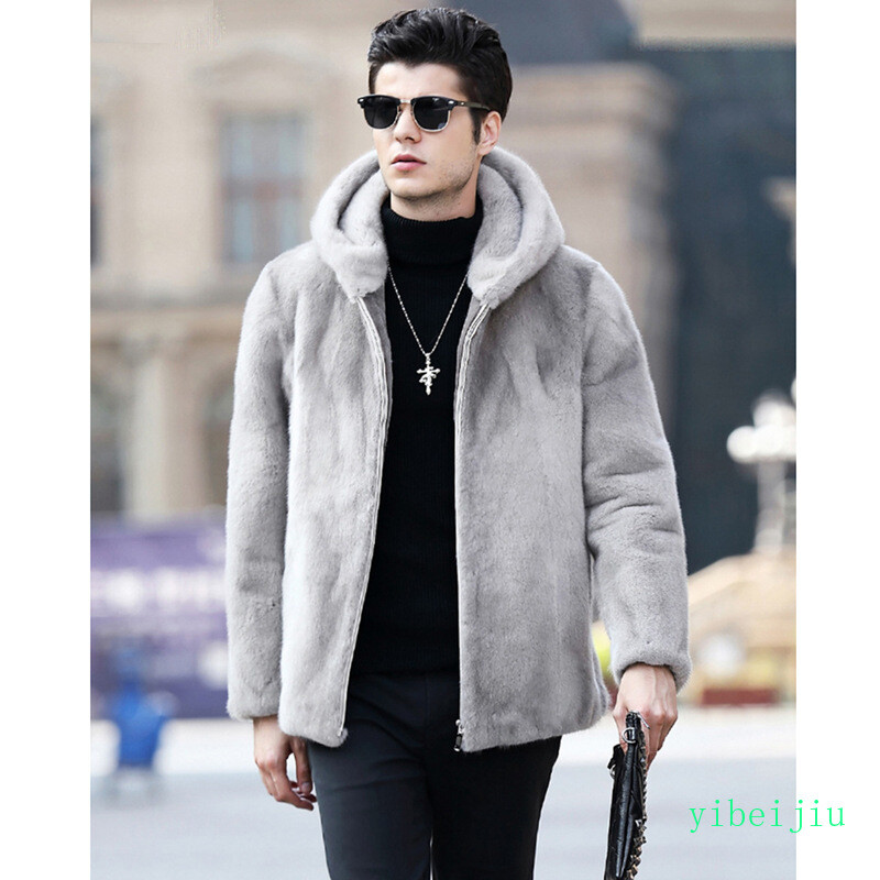 Men's Classic Faux Mink Fur Hooded Coats Winter Slim Fit Clothes Autumn Outwear