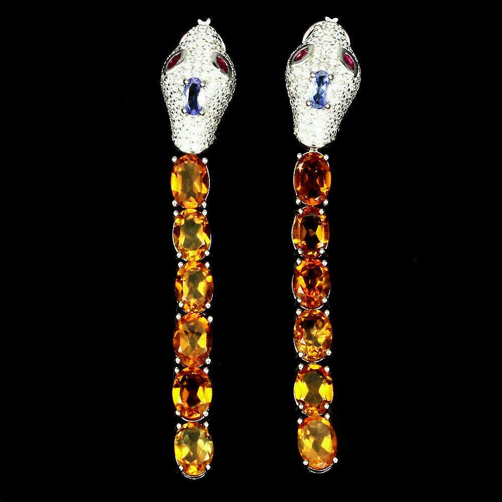 Silver Snake Earrings with Genuine Golden Citrine in Solid Sterling Silver