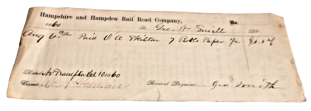 OCTOBER 1860 HAMPSHIRE & HAMPDEN RAILROAD NEW HAVEN VOUCHER-image
