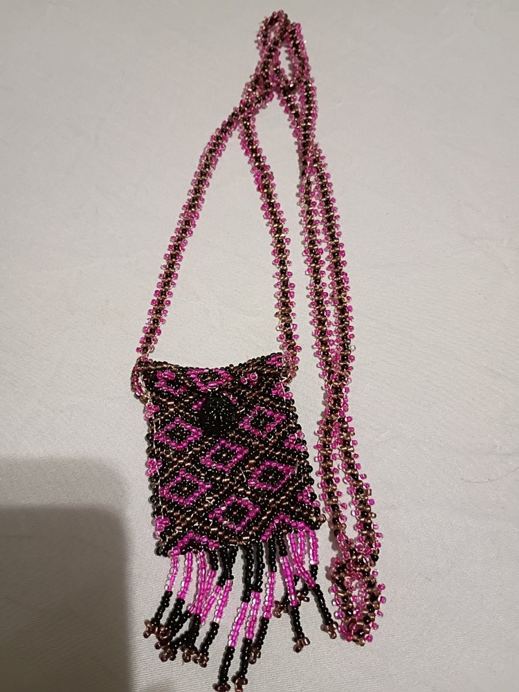 VTG Multi Color Seed Bead Pouch Necklace Amulet Sachet Medicine Bag Fringe Boho