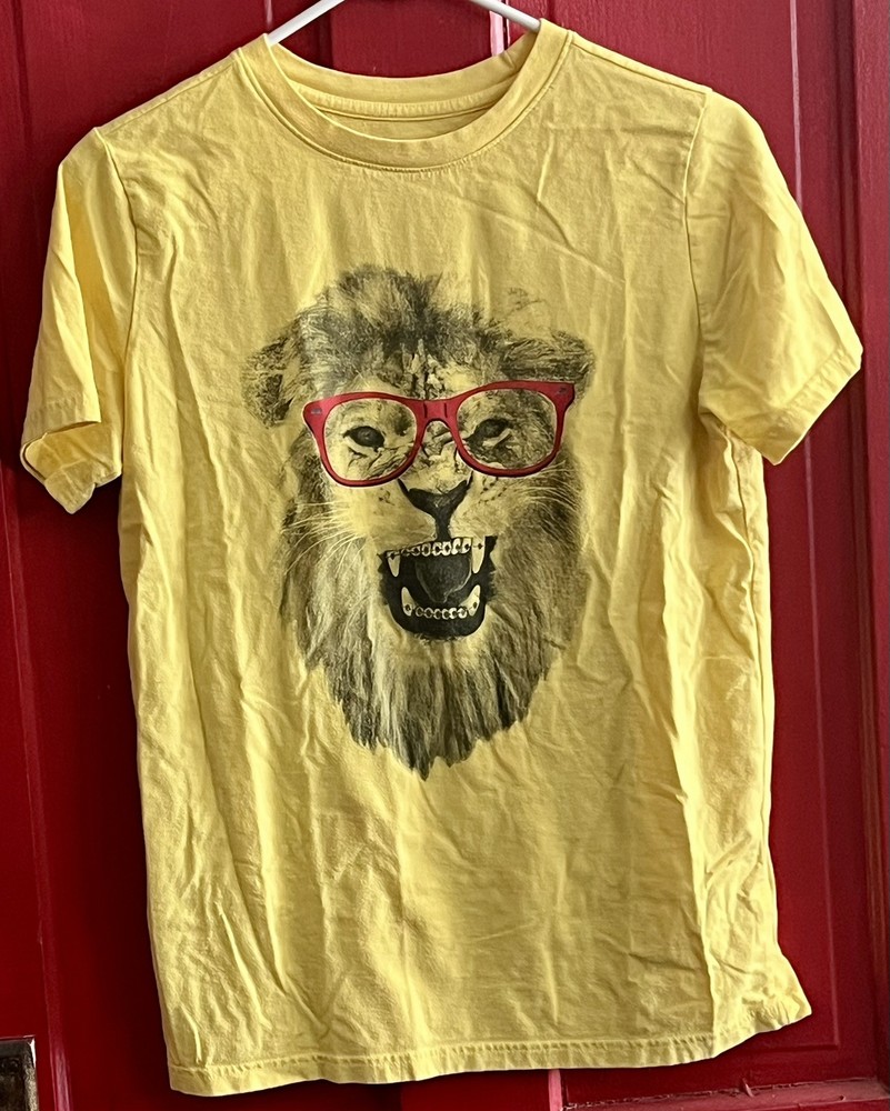 Cat & Jack Boys XL Bright Yellow Lion Graphic Red Sunglasses Short Sleeve T-Shirt Size 16