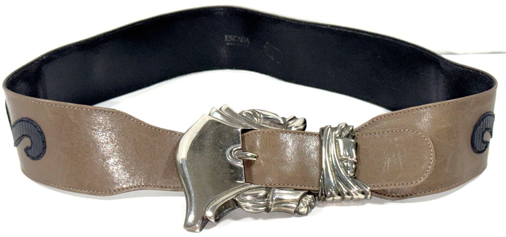 VTG ESCADA Italy Leather 80's Fashion Belt Buckle Paisley Beige/Gray Black 38 33