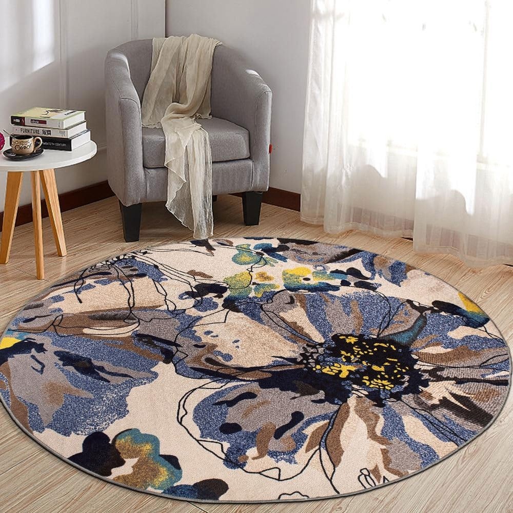 Modern Bright Floral Non-Slip Round Area Rug 8ft Cream for Living Room