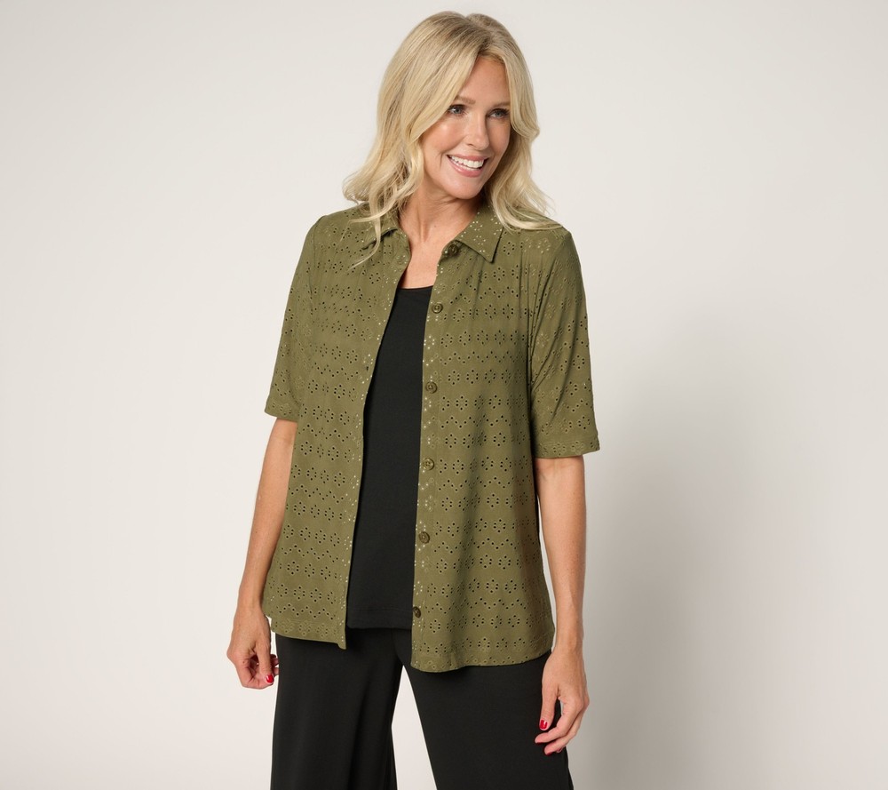 Cuddl Duds Women's Top Sz L Eyelet Button Up Collared Green A683085