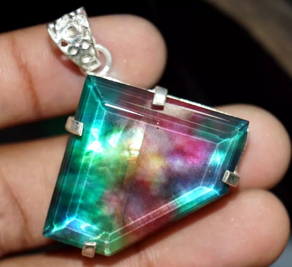 Certified 60 Ct Natural Fancy Ammolite 925 Solid Silver Pendant Loose Gemstone