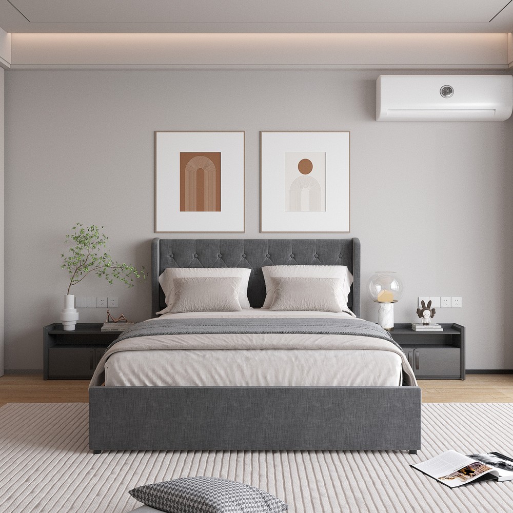 Queen Size Bed Frame with Storage Drawers and Tufted Wingback Headboard