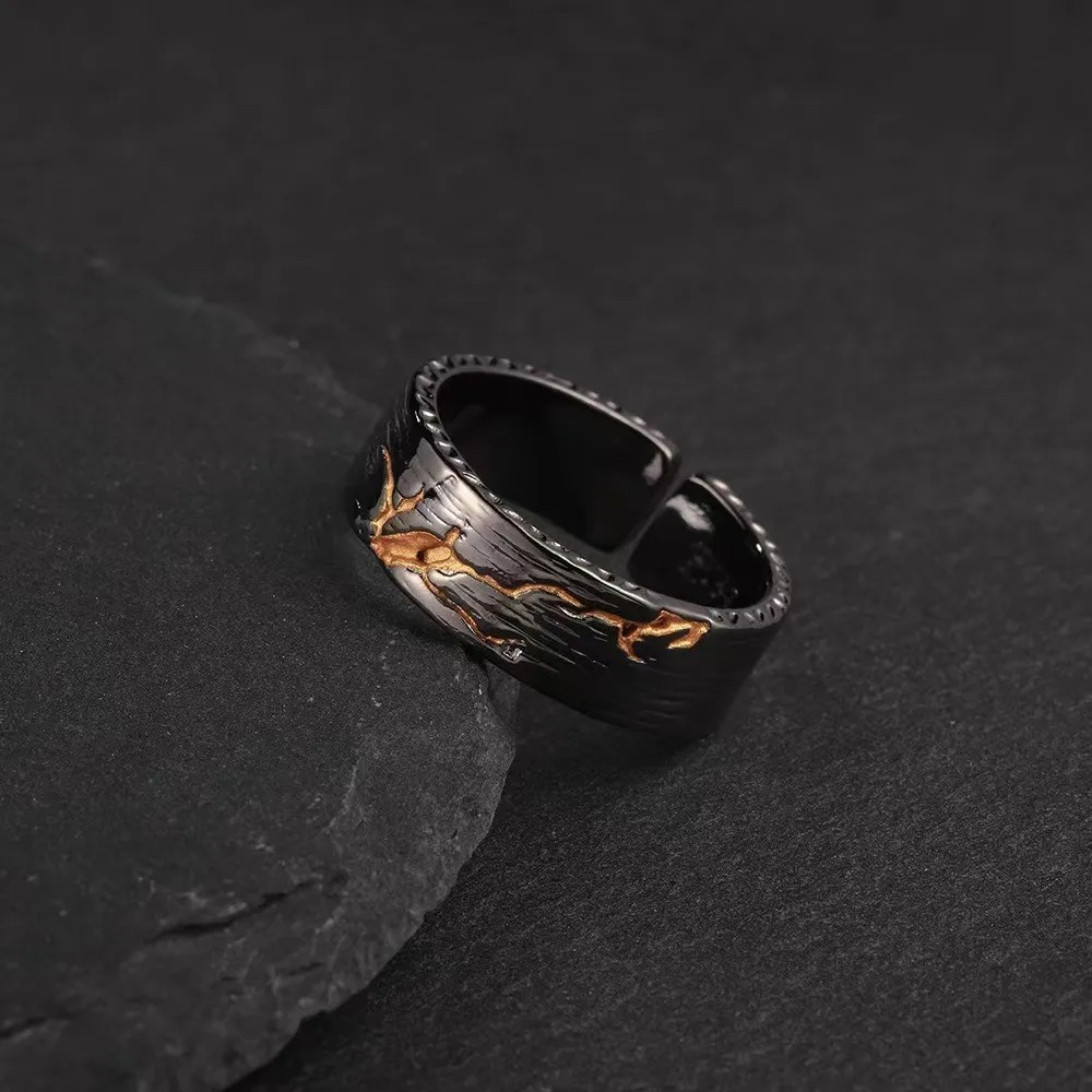 Black Open Ring Featuring Gold Lava Vein Details