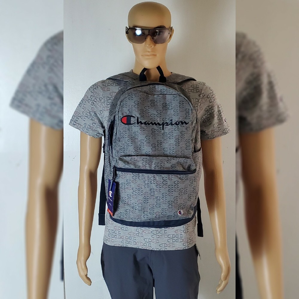 Champion Asher Logo Allover Print Backpack for Men with Adjustable Straps in Grey Navy