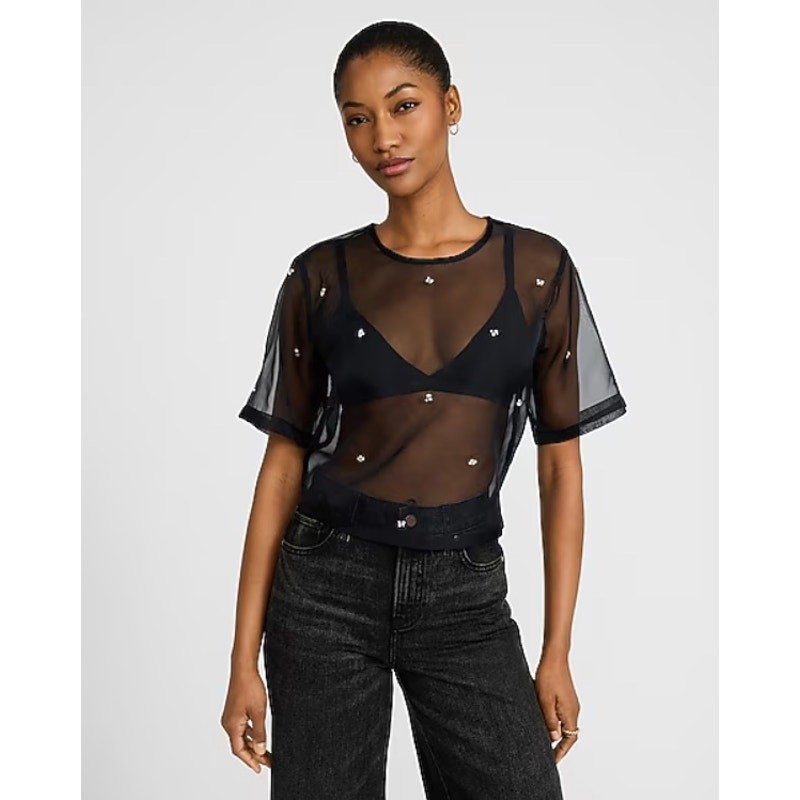 Express Women Black Embellished Sheer Organza Crew Neck Short Sleeve Tee Size M
