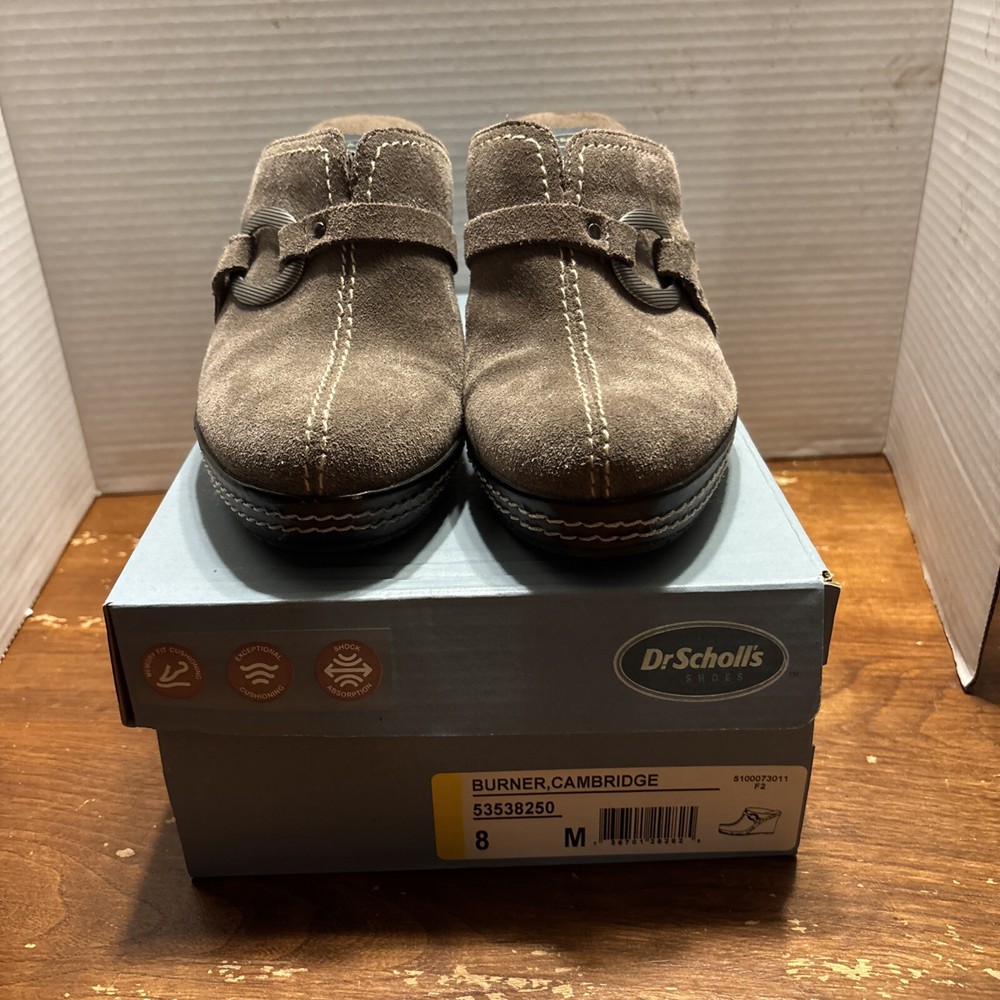 DR  SCHOLL'S Sz 8M BURNER Gray Leather Suede Slip On Wedge Clogs Boho Comfort