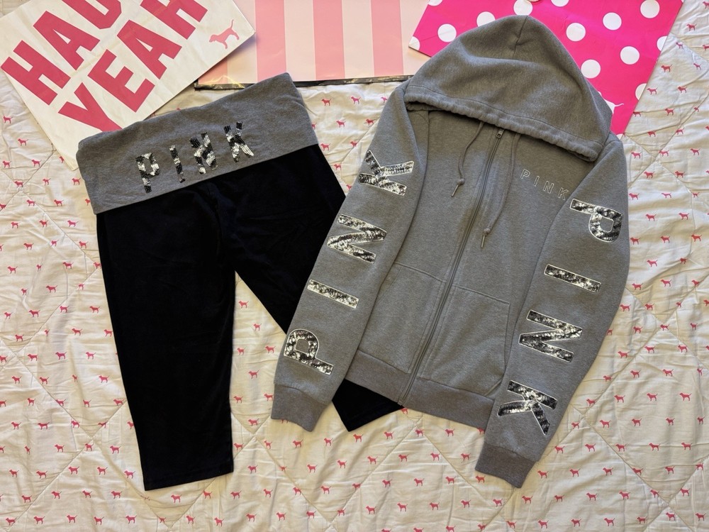 VS Pink Zebra Bling Zip Hoodie & Capri Leggings Outfit Set HTF