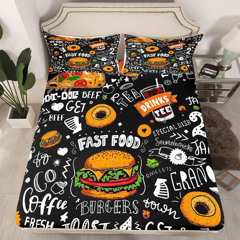 Hamburger Fitted Sheet Pizza Cola Bedding Set Fast Food Theme Bed Sheet Set f...