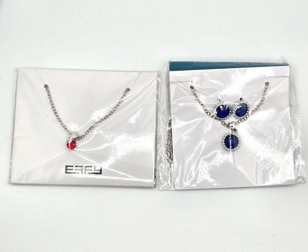 EFFY Pendant Necklace Earring Jewelry Lot of 2 Red & Blue Man-Made Gemstones
