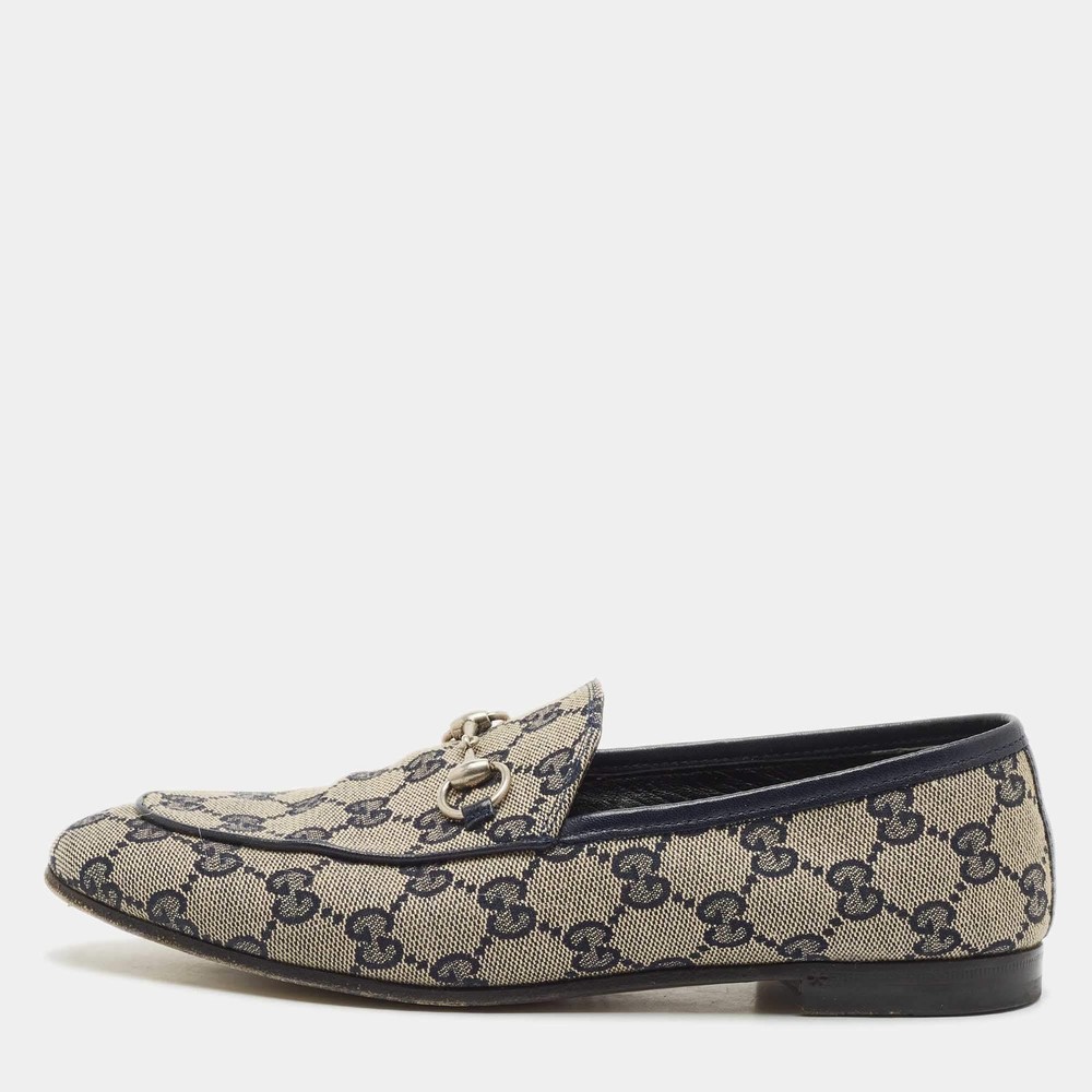 Gucci BeigeBlue GG Canvas and Leather Jordaan Horsebit Loafers Size 37