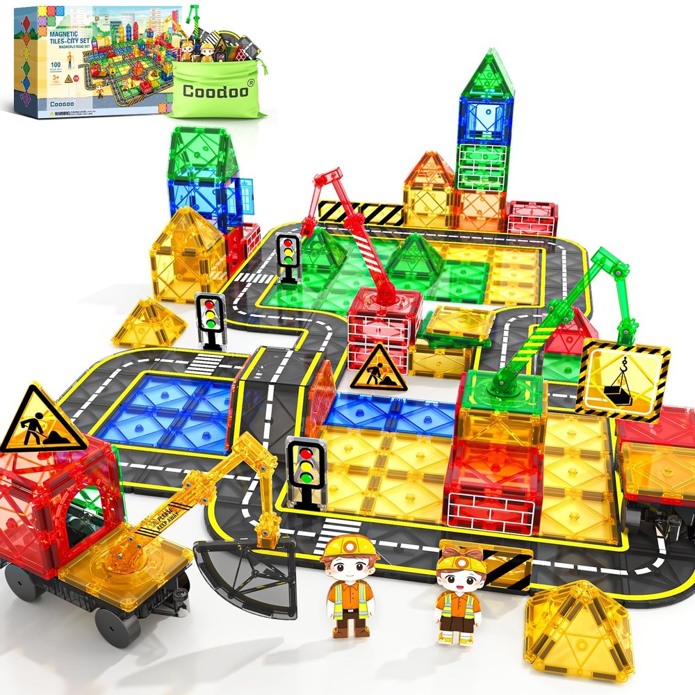 100 PCS Magnetic Tiles Road Set with 3 Cranes & 2 Cars - Magnetic Blocks City...