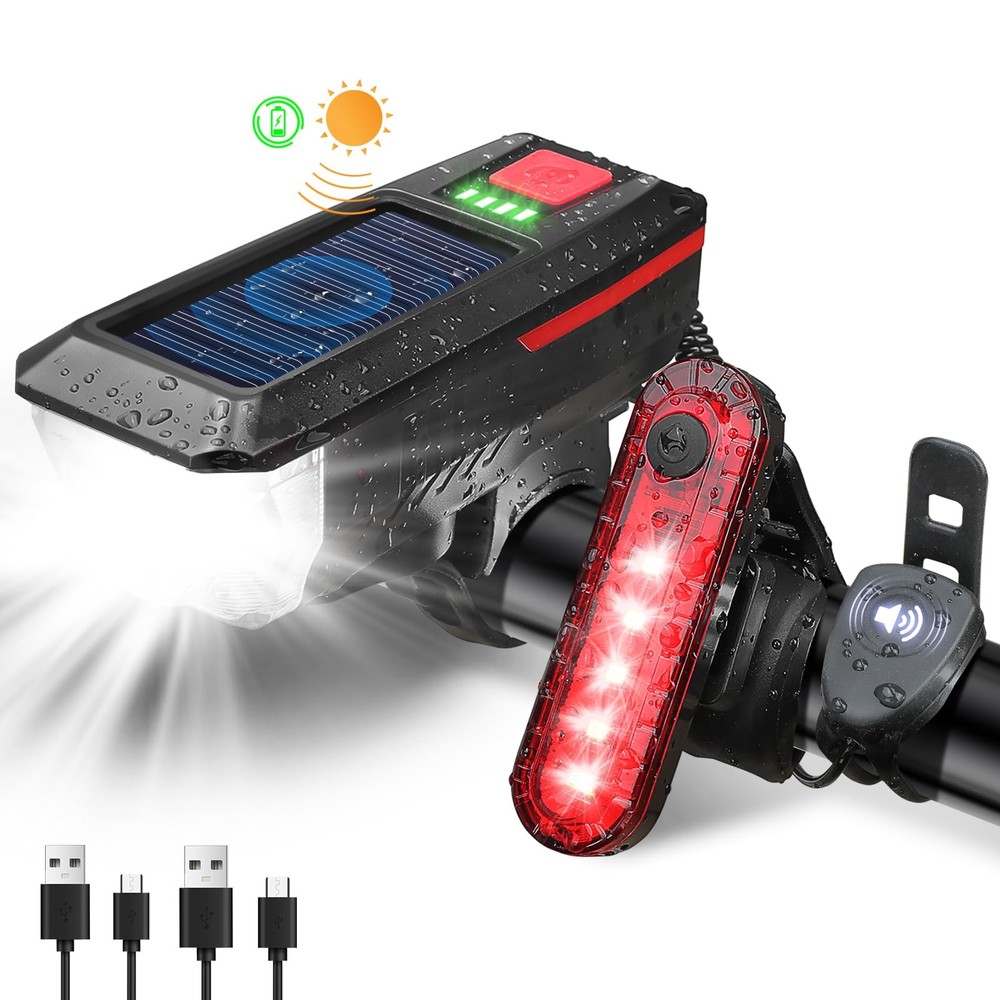 Solar & USB Rechargeable Bike Light Set with Horn - Super Bright Safety Beams