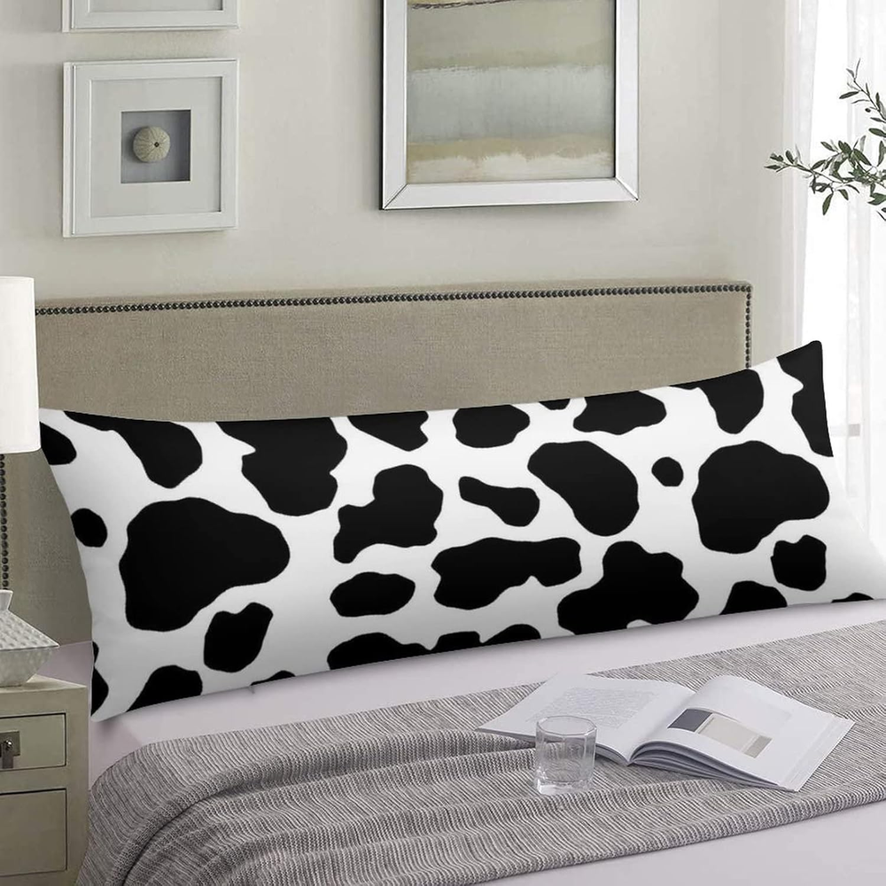 20x54 Black and White Cow Print Polyester Body Pillow Cover with Zipper for Stylish Home Deco