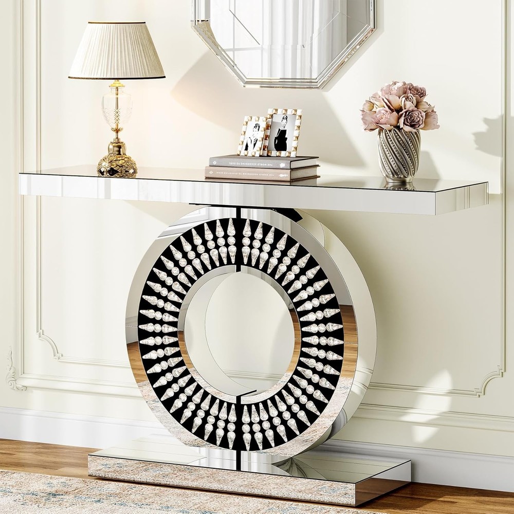 Modern Mirrored Console Table with Sparkling Crystal Inlays for Living Room
