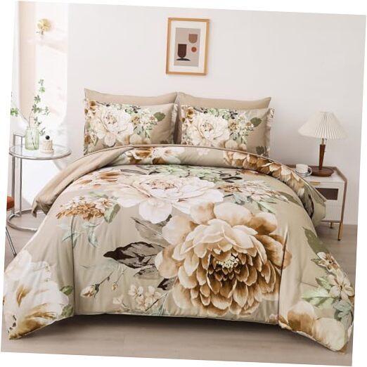 Floral Queen Bed in a Bag 7-Piece Taupe Comforter Set 90x90 Inches Khaki
