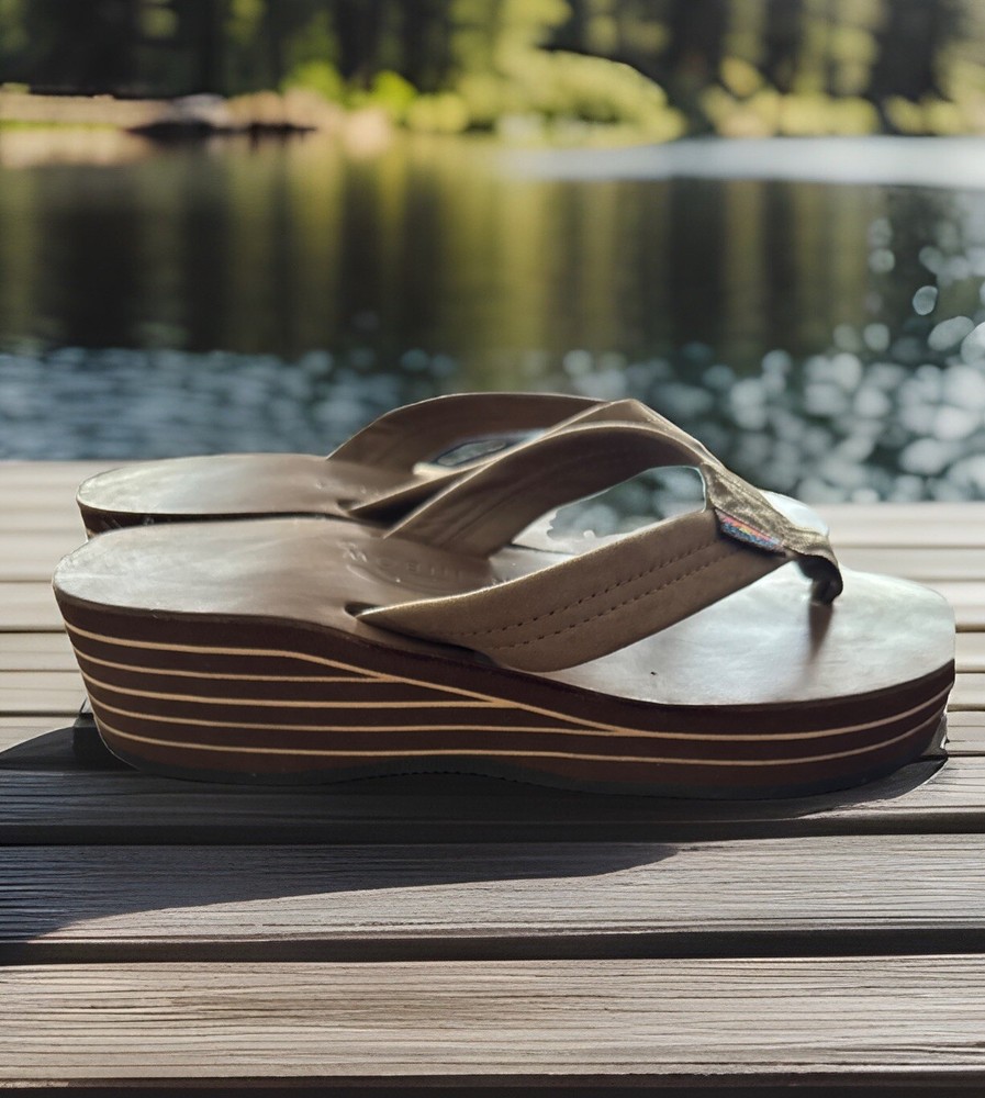Brown Leather Rainbow Wedge Platform Thong Sandals Women's Size 10 Worn Once