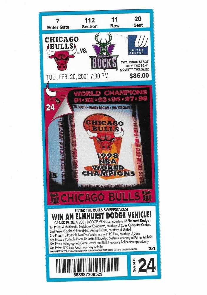 Chicago Bulls vs Milwaukee Bucks Unused Basketball Ticket from 2/20/2001